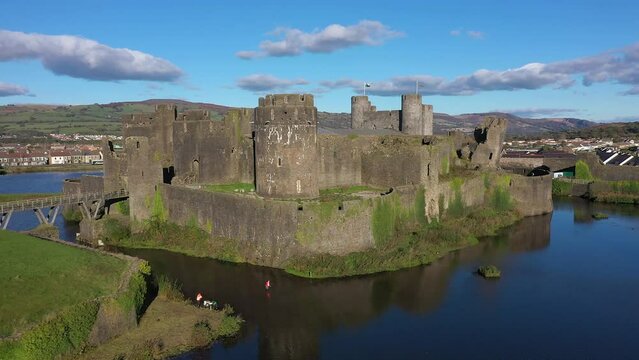 Caerphilly Castle, Castell Caerffili, medieval castle dominating the centre of town, Caerphilly, Glamorgan, Wales, United Kingdom