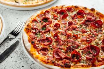 Closeup on freshly baked spicy sausage pizza