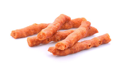 baked crispy pork with flour stick Thai salty snack on white background