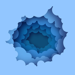 Cloudy paper cut art. Blue Night sky clouds paper craft style. Volumetric cloudscape. Round frame. Layered tunnel.