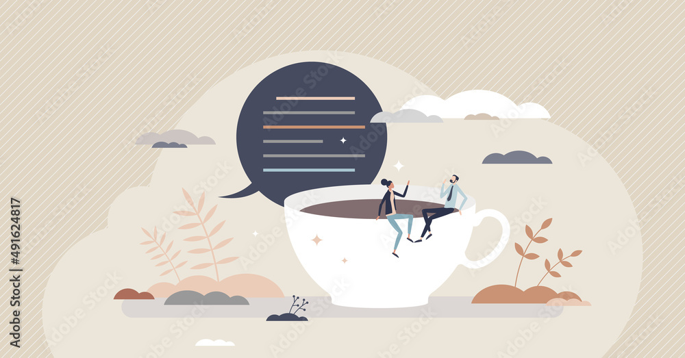 Poster small talk as informal talking with light topics speech tiny person concept. communication or dialog