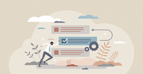 Backlog as agile project management for product software tiny person concept. Project workflow strategy and task priority optimization vector illustration. Database list effective and fast improvement