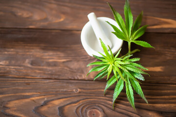 Fototapeta na wymiar Cannabis leaf on white. Hemp plant in a basket on a white wooden table