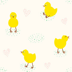 Seamless pattern with little chickens and dots. Cute different chicks. Festive endless vector background for Easter or birthday. Endless texture for wallpaper, wrapping paper, fabric