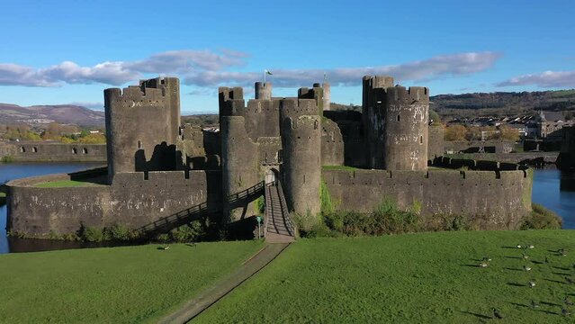 Caerphilly Castle, Castell Caerffili, medieval castle dominating the centre of town, Caerphilly, Glamorgan, Wales, United Kingdom