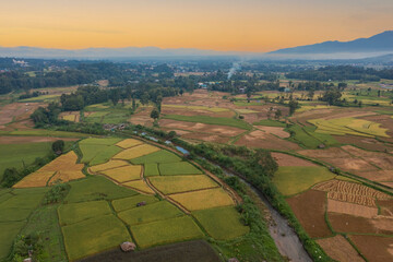 Areial  view of beautiful landscape view background of rice terraces in evening scene background