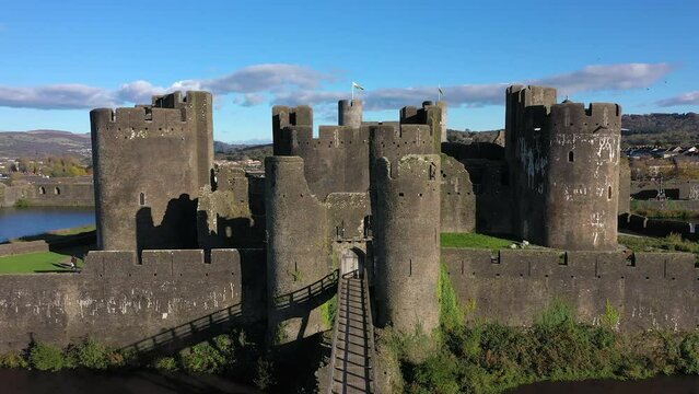 Caerphilly Castle, Castell Caerffili, medieval castle dominating the centre of town, Caerphilly, Glamorgan, Wales, United Kingdom
