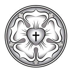 Silver colored Luther rose. Calligraphic Luther seal, a symbol of Lutheranism. Expression of theology and faith of Martin Luther, consisting of a cross in a heart, a single rose, surrounded by a ring. - obrazy, fototapety, plakaty