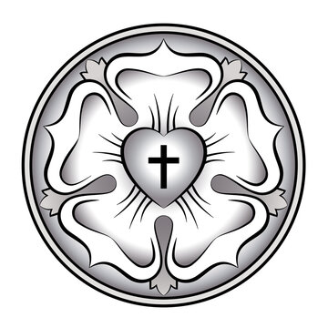 Silver colored Luther rose. Calligraphic Luther seal, a symbol of Lutheranism. Expression of theology and faith of Martin Luther, consisting of a cross in a heart, a single rose, surrounded by a ring.