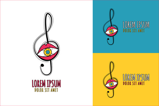 Abstract musical note with eye and lips logo on colorful stock vector background. Creative illustration