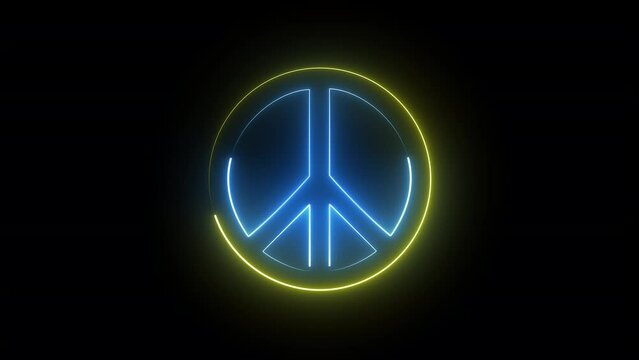 A neon peace sign with animated blue and yellow colored lines on a transparent alpha channel background in a seamless loop.