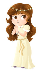 Illustration of a girl praying with a communion dress