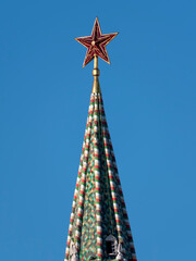 MOSCOW , RUSSIA, June 10, 2019: Ruby star on the spire of the Spasskaya Tower of the Moscow Kremlin...