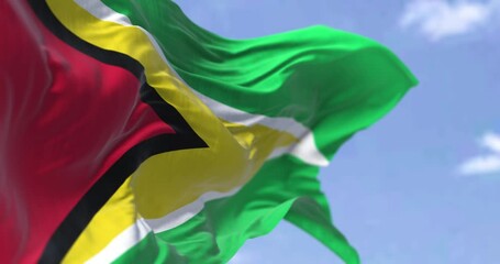 Detail of the national flag of Guyana waving in the wind on a clear day