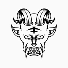scary demon head illustration with line art style. horns and fangs. suitable for logo, mascot, symbol, coloring and t-shirt design