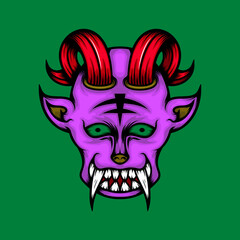 illustration of a purple demon head with red horns, green eyes and white fangs. suitable for mascot, logo or t-shirt design