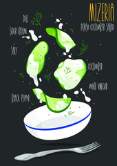 Mizeria, traditional polish cucumber salad. Vector illustration - obrazy, fototapety, plakaty