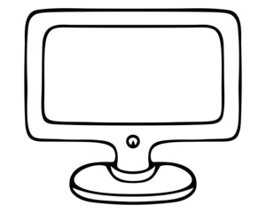 The monitor is liquid crystal. Sketch. A device for working at a computer, watching movies. Vector illustration. Doodle style. Space for text on the screen. Outline on an isolated background. 