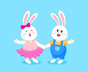 Bunnies cartoon character boy and girl. Cute cartoon for easter. vector illustration.