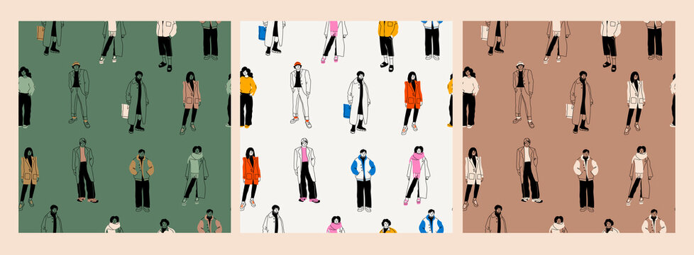 Street fashion look. Young men and women dressed in stylish trendy oversized clothing. Models standing in various poses. Korean japanese asian cartoon style. Hand drawn Vector seamless Patterns