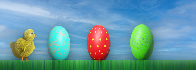Easter eggs with baby chicken in the grass. 3D render illustration.