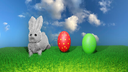 Easter bunny with easter eggs. 3D render illustration.
