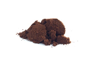 Closeup coffee powder heap isolated on white background.