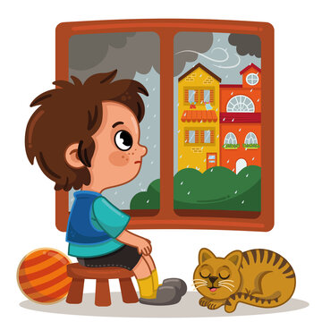 The little boy is waiting for the rain to stop to go outside. Vector illustration.