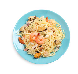 Delicious pasta with sea food in plate isolated on white, top view