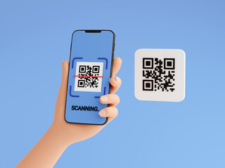 Qr code scan concept - human hand holding mobile phone with barcode scanning process 3d render illustration.
