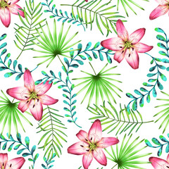 Tropical Floral Lilies and Palm Leaves Watercolor Seamless Pattern