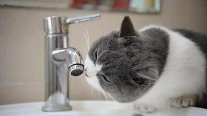 a british short hair cat drinking from a water tap