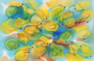 Yellow chickens on a blue watercolor background