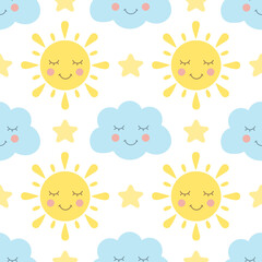 Night time seamless vector pattern. Sleeping sun and cloud background