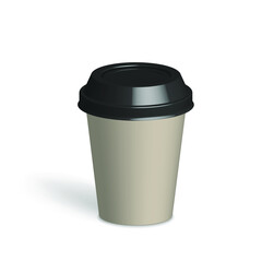 Paper cup. Cardboard craft drink glass with closed plastic lid. Coffee latte espresso mug. Vector illustration recycle disposable container stock image