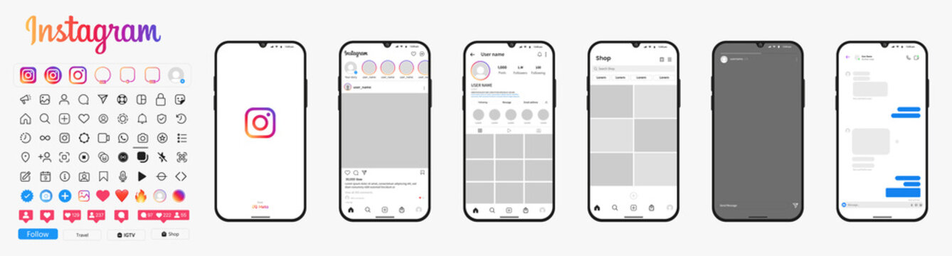 Instagram Interface Template Set. Realistic Instagram, Messanger Interface On Smartphone Stories, Liked Posts, Photo, Friends, Chats. Editable Text. Mobile App Interface Template. Stock Vector.	
