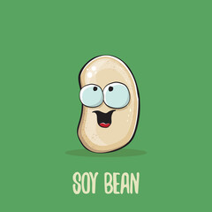vector funny cartoon cute soybean character isolated on green background. Japan Kawaii soy food funky character. Soybean cartoon illustration