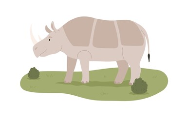Wild African rhino. Tropical savanna animal standing on grass. Jungle habitant. Big mammal with horn on head. Herbivorous inhabitant. Flat vector illustration isolated on white background