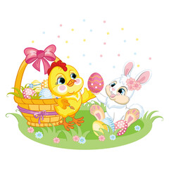 Little cute funny characters easter chicken and rabbit vector
