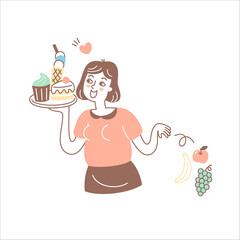Woman who wants to eat sweets rather than fruits, diet, woman, cake, ice cream, cupcake, fruits, apple, banana, grape, fat, dessert, body weight