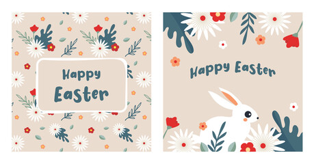 Fototapeta na wymiar Happy Easter, decorated easter card set. Bunnies, Easter eggs, flowers and basket. Folk style pastel patterned design.