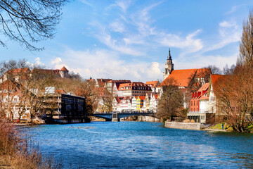 View of the Neckar and the idyllic city of Tübingen on a sunny day in spring , Black Forest,...