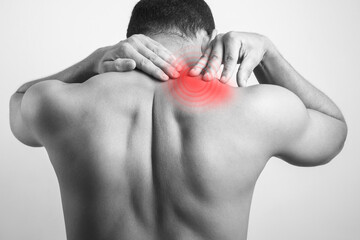 trapezius muscle pain, man body soreness in shoulder muscle or levator muscle