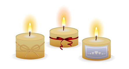 Collection of three candles in a realistic style. Three candles with flame.