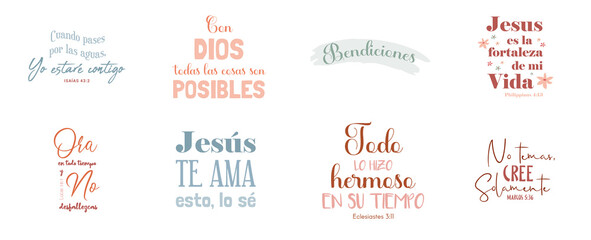 Bible Verse, religion phrase in Spanish. Good for t shirt print, poster, card, and gift design. Christian Bible verse. Christian religious quote for Easter religious holiday.