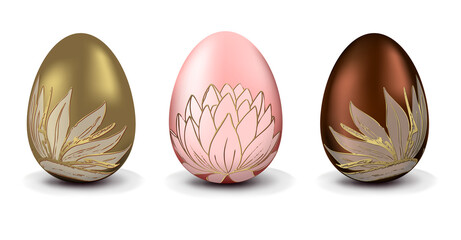 Luxurious collection of Easter eggs. Vector realistic eggs set to beautiful golden outline flowers. Design elements for holiday cards, posters, invitations, etc. 