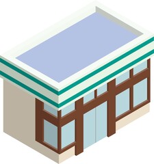 主線なし、立体的なアイソメトリックスタイルのコンビニエンスストアの外観イラスト.