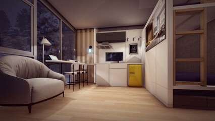 Obraz premium lounge of cabin with warm atmosphere 3d rendering poster
