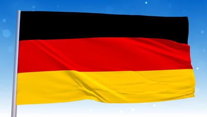 Realistic Waving National Flag Of Germany In The Wind With Pole On Cloudy Fog Glitter Dust Flying Blue Sky 3D Rendering