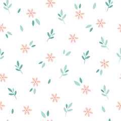 Fototapeta na wymiar Green branch, leaves and flowers seamless pattern. Design for fabric, textile, wrapping paper. Hand drawn vector illustration